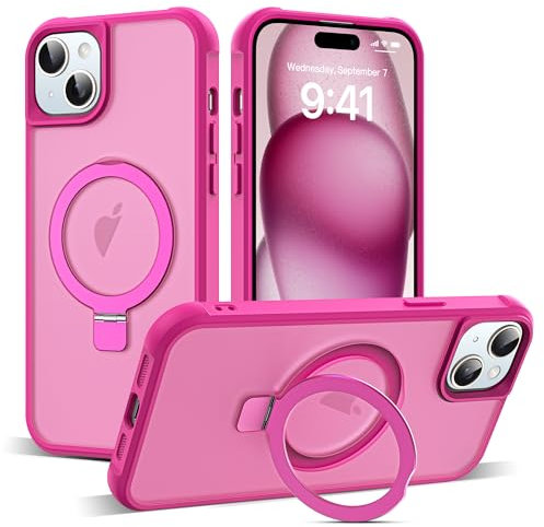 Zalinbo für iPhone 15 Hülle [O-Ring Stand & Unsichtbarer Ständer] Magnetkraft Handyhülle iPhone 15 Case All-in-One Matt Stoßfest [Militärschutz] Schutzhülle Dünn, Leuchtend Rosa