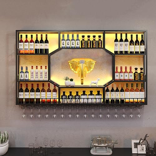 Weinregal zur Wandmontage, Barregal mit beleuchteten LED-Regalen, Metall-Weinflaschen- und Glasregal, kommerzielle beleuchtete Bar-Haus-Wandregale, for die Dekoration von Küchenbars ( Color : Nero , S