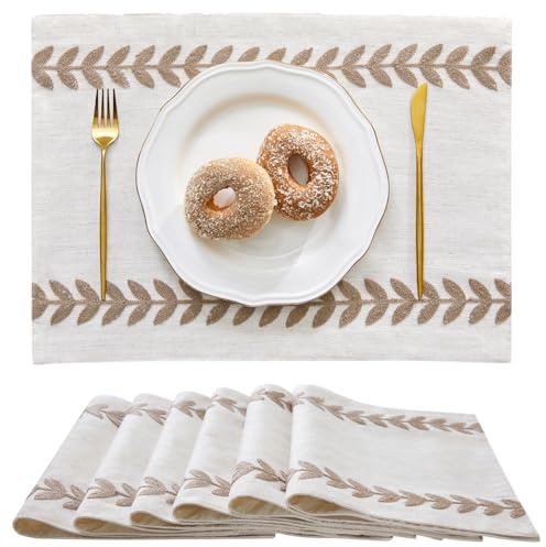 Wracra Tischsets Baumwolle Leinen, Platzsets Abwaschbar, Tischsets 6er Set | 33 x 45 cm, Unregelmäßige Weidenblatt, Tischset Stoff, Platzset Boho, Maschinenwaschbar, Esszimmer, Feiertage, Partys