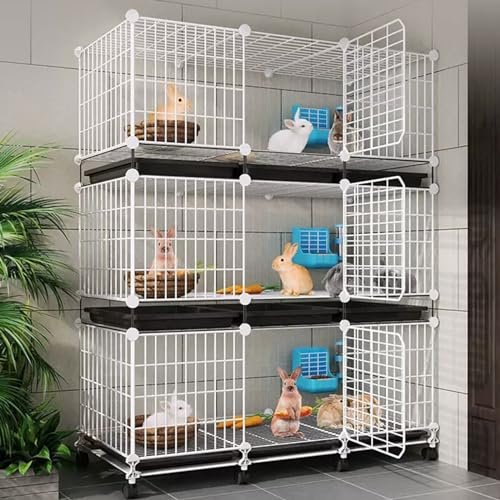 RTTZBOZ Laufstall für Haustiere, Käfige für Kleintiere, Käfig für Kaninchen und Meerschweinchen, Metalldraht Dreistöckige Villa für Häschen(White)