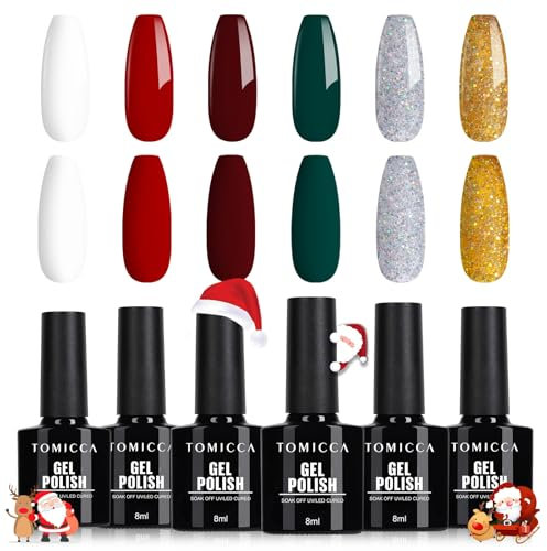 TOMICCA UV Gel Nagellack Weihnachten Set, 6 Farben Rot Grün Weißer Glitzer Nagellack, Soak-Off UV/LED Gel Geschenk für Nagelstudio DIY Home, 8ML