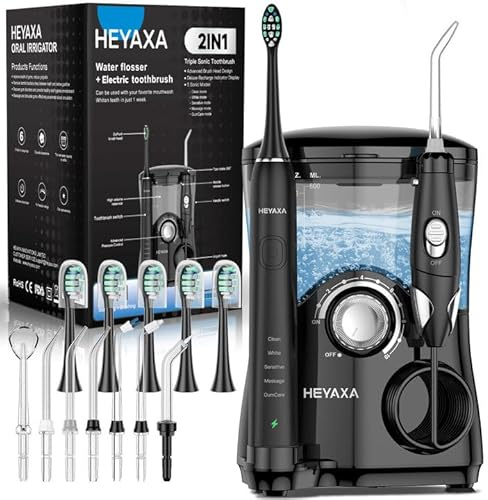 Wasserflosser & Ultraschall Elektrische Zahnbürste Combo, 600 ml Wasser Zahnseide Zahnbürste mit 7 Strahlspitzen, 10 einstellbarem Wasserdruck, 5 Zahnbürstenköpfe für den Heimgebrauch, Zahnfleisch