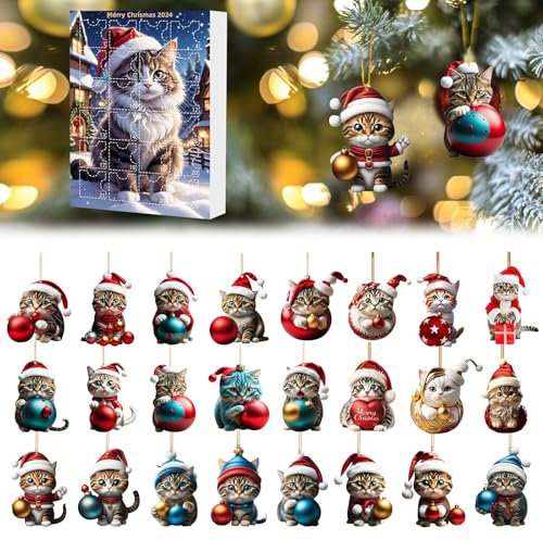 Ellxen Colgante de árbol de Navidad, calendario de Adviento 2024, calendario de Adviento 2024 para amantes de los gatos, 2D acrílico colgante para gatos, calendario de Adviento de 24 días