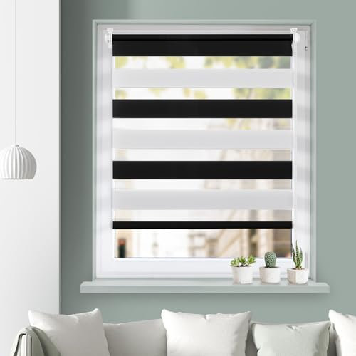 Grandekor Doppelrollo Klemmfix ohne Bohren Schwarz-Weiß 40x120cm(Stoffbreite 36cm) Fenster Rollos für innen Klemmrollos Duo Rollos für Fenster ohne Bohren mit Bohren Privatschutz Zebrarollo