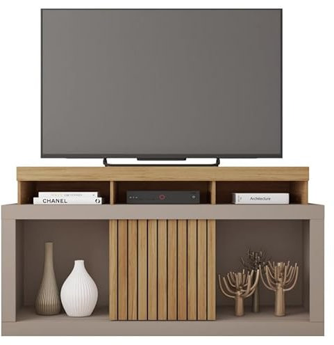 Meuble TV 55 Pouces Chêne et Gris 1 Porte 6 roulettes L 136 H 74 P 39 cm
