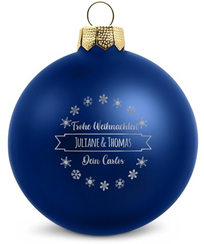 GRAVURZEILE Weihnachtskugel mit Gravur - Dein Wunschtext in 3 Zeilen - Personalisiert mit eigenem Text - Festliche Christbaumkugel für Paare als Weihnachtsdeko - Farbe: Blau Matt - Größe: 10 cm