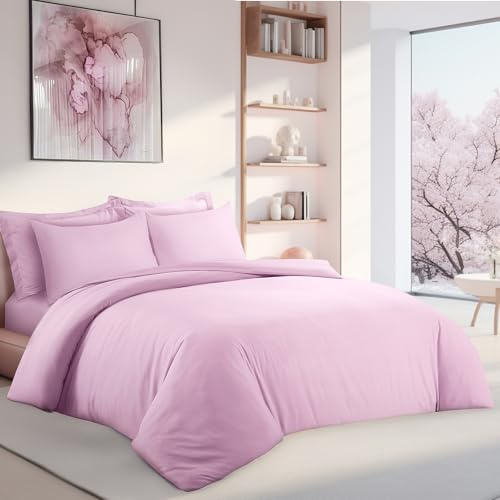 LYMA Bedding Duvet Cover Set Super King Plain, OEKO-TEX Certified, Ultra Soft NanoPlush Double Brushed Quick Dry Fabric Button Closure, Wrinkle Fade Resistant Quilt Cover with Pillowcases (Light Pink)