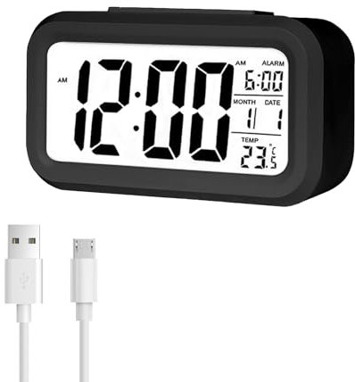 Jsdoin Reloj Despertador Digital, LED Pantalla Reloj Alarma Inteligente con Temperatura, Sensor de Brillo, 12/24 Horas, Función Snooze y Alarma para Dormitorio, Hogar, Oficina(Recargable,Negro)
