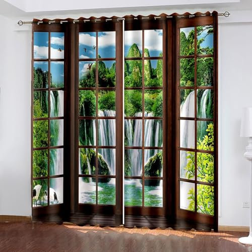 Lirzxin Gardinen Lichtdicht 274 cm Lang, Vorhänge Verdunkelnd mit Ösen 2er Set Braun Grün Fenster Berg und Wasserfall Landschaft Vorhang für Schlafzimmer Wohnzimmer, 234x274 cm(BxH)