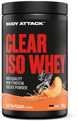 Body Attack Clear Iso Whey Ice Tea Peach, 300g - Made in Germany - Erfrischendes, klares Whey Protein Isolat - 24 g Protein und 11.400 mg EAAs pro Iso Whey Shake, zucker-& fettfrei