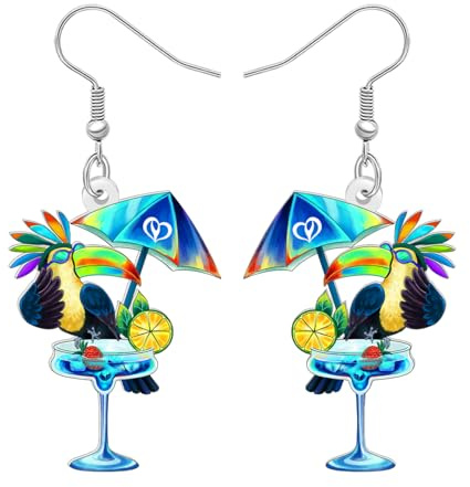 DOWAY Acryl Niedlich Tukan Tropischen Vogel Ohrringe Hängend Floral Margarita Glas Sommer Schmuck Geschenke für Vogelliebhaber Frauen Mädchen Mama (Blau)