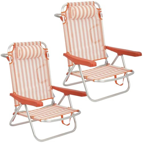 Creaciones Llopis Pack 2 Sillas Playa Plegables con Cojín Reposacabezas 80 x 48,5 x 66 cm. Reclinable Tumbona 114 cm. Largo. (Rayas Naranja)