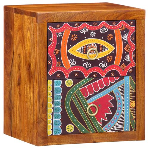 vidaXL Kunstvoller moderner Nachttisch 35X30X40 cm Massivholz Akazie Nachttisch mit 2 Schubladen handgemaltes indisches Motiv für Schlafzimmer Stauraumtisch Möbel Künstlerischer Holzbeistelltisch