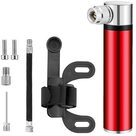 Pequeña bomba de aire para bicicleta, portátil, 120 psi, alta presión, ligera de aluminio, con soporte para marco, para bicicleta de carretera, montaña, fútbol, baloncesto, voleibol, color rojo