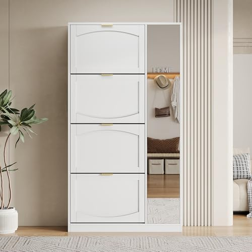 Moimhear Scarpiera con specchio, 4 scomparti pieghevoli, mensola regolabile dietro lo specchio destro, per corridoio (stile 9, bianco, 80 x 24 x 147 cm)