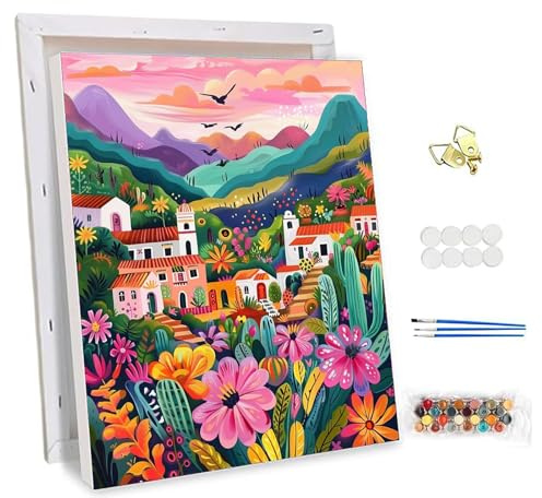 NEWENMO Villages Mexicains Peinture par Numéro avec Cadre Adulte 30x40cm | Fleurs Colorées Peinture par Numéro,DIY Acrylique Paint by Numbers,Peinture à l'huile avec Cadre pour Décoration Maison