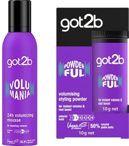 got2b POWDERful Volumising Styling Powder 10 g, Natural Hold Instant Volume from the Roots and got2b Volumania 24h Volumising Mousse 250 ml, Boosting Volume Hair Mousse, Fearless Hold