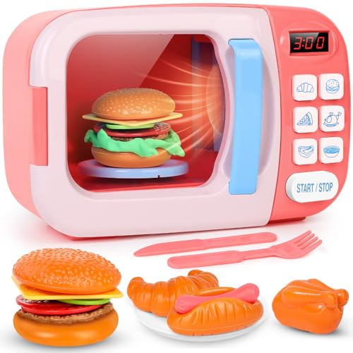 Kids Microwave Toy with Light and Sound, Microwave Oven with Pretend Play Kitchen Accessories and Play Food for Toddlers 3 Year Old Up Girls Boys (Pink)