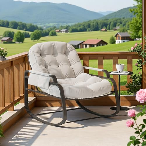 Schaukelstuhl, gepolsterter Relaxsessel, Schaukelstuhl mit Armlehnen, lang, Rattan, für den Innen- und Außenbereich, Belastung 240 kg, für Garten, Terrasse, Wohnzimmer, Leinen, Beige