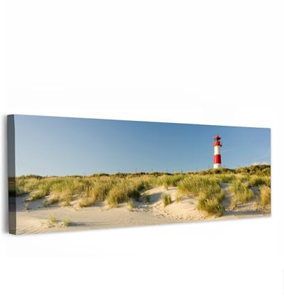 MuchoWow© Bilder Groß Wohnzimmer Deko Modern Wandbild XXL Kunstdruck | 120x40 cm - Leinwand Bild Schlafzimmer über Bett Room Decor Geschenke Leuchtturm - Strand - Landschaft - Dünen