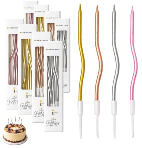 48 Stück Gebogen Spiral Geburtstagskerzen, farbige Spiral-Kerzen mit Halter für Kuchen, Torten und Cupcakes, 4 Farben je 2 Boxen, elegante Partydeko für Geburtstage, Hochzeiten, Feiertage und besonder
