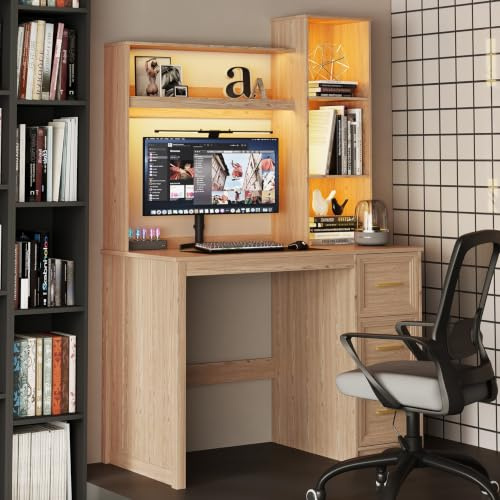 66″ Office Desk with 2 Power Outlet and 5-Tier Shelf for Study,Natural | Study Table with 3 Drawers and USB Ports for Living Room,Home Workstation with 2 Power Outlet and LED for Bedroom