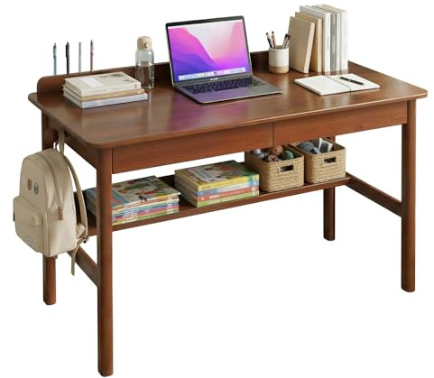 BaoBaJiu Massivholz Schreibtisch, Mid-Century Modern Arbeitstisch mit Schubladen & Bücherregal, Gummibaumholz Arbeitsplatz für Schlafzimmer & Home Schooling(Nussbaum,100cm)