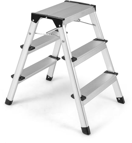 OSTWAY Escabeau à 3 Marches Pliable en Aluminium | Échelle Légère et Portable avec Larges Pédales et Patins Antidérapants, pour Maison Garage Camping-Car, Charge 150 kg