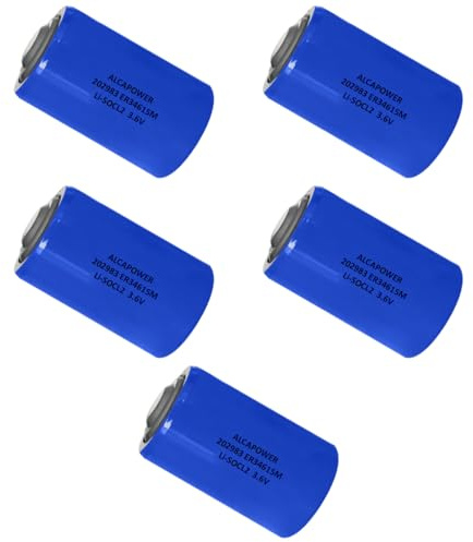 5x Pila Li-SOCL2 D ER34615 3,6V 14000mAh 14Ah, torcia, alta capacità, non ricaricabile, dimensioni 34×61,5 mm, per sensori, allarmi, dispositivi smart home, liSOCL2, batteria, litio cloruro di tionile