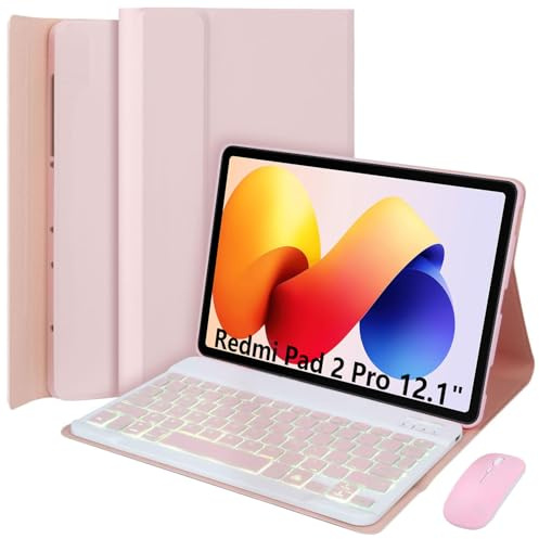 EHLCYS Funda con Teclado para Xiaomi Redmi Pad 2 Pro 12.1'' 2025/Mi Pad Pro 2024/Xiaomi Poco Pad 12.1'', Español Ñ Teclado Bluetooth Desmontable con Retroiluminación 7 Colores con Ratón,Rosado