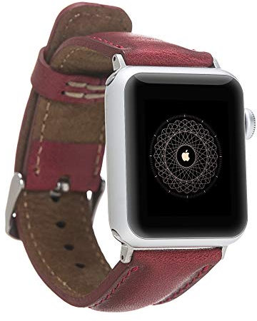 Solo Pelle Monaco - Cinturino in pelle per Apple Watch Series 1-4 I rosso Burned 42 mm/44 mm con connettori argentati