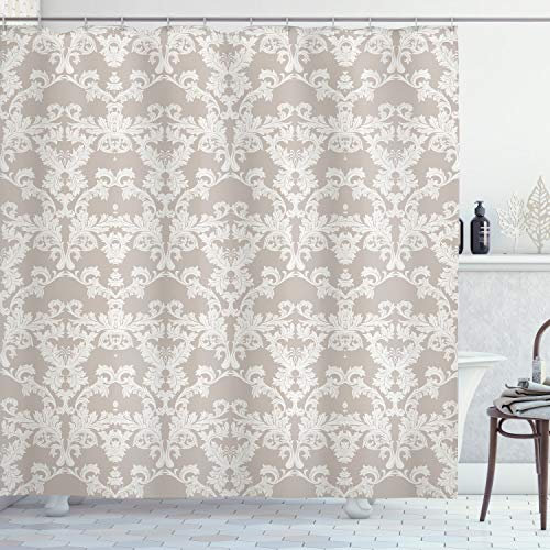 ABAKUHAUS Damast Duschvorhang, Damast Natur, Stoffliches Gewebe Badezimmerdekorationsset mit Haken, 175 x 200 cm, Taupe und Weiß
