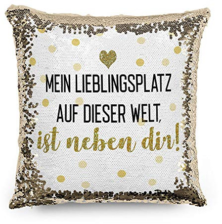 Tassendruck Pailletten-Kissen mit Spruch - Geschenk, Liebe | Mein Lieblingsplatz, ist neben dir - Gold, Gold, Verliebt, Paar, Kissenbezug inkl. Kissenfüllung, Farbe: Gold, Stoff