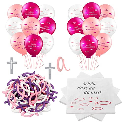 KOHMUI 32 Servietten 'Schön, DASS du da bist!', 60 Stücke Holz Fische Deko, 18 Luftballons, Pink Lila Weiß Fisch Dekoration Tischdeko für Taufe, Kommunion Konfirmation oder andere Festliche Anlässe
