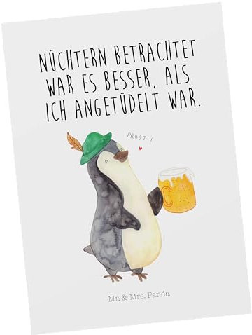 Mr. & Mrs. Panda Postkarte Pinguin Bier - Geschenk, Oktoberfest, einzelkarte, Angetüdelt, Beschwippst, Grußkarte, bildkarte, Fotokarte, Postkarten