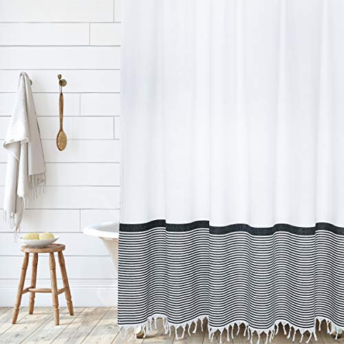 HALL & PERRY Tenda da doccia moderna con nappe, 100% cotone, tessuto a righe, con nappe, per decorazione del bagno (nero, 183 x 183 cm)