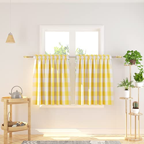 NATUS WEAVER Cafe Curtains 30 inches Long Buffalo Plaid Kitchen Tiers 2 Panels Rod Pocket Gingham Check Short Small Half Window Curtains Bathroom Yellow & White