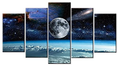 MPPSU Weltraum-Universum-Mond-Sterne Wanddekoration Wohnzimmer Leinwandbild Jugendzimmer Poster Set Modern 5 Teiliges Wandbild Bedroom Decor XXL Bilder Mit Rahmen 150 * 80cm