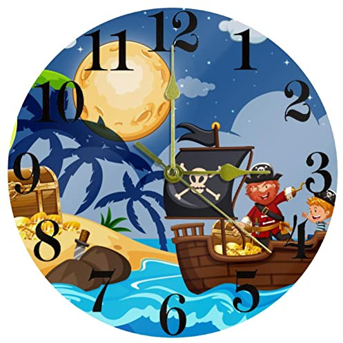 Timmershabi Piraten und Kinder finden Schatz Wanduhr, 25,4 cm, leise, nicht tickende Quarz, batteriebetrieben, runde Wanduhren für Zuhause/Küche/Büro/Schule Uhr