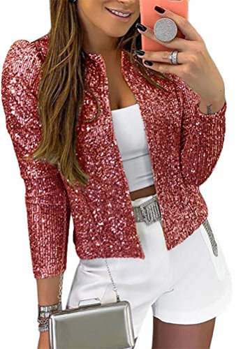 ORANDESIGNE Damen Elegant Langarm Blazer Sakko Einfarbig Slim Fit Pailletten Jacke Kurz Mantel Anzüge Bolero Party Outwear Cardigan Tops Rot 44