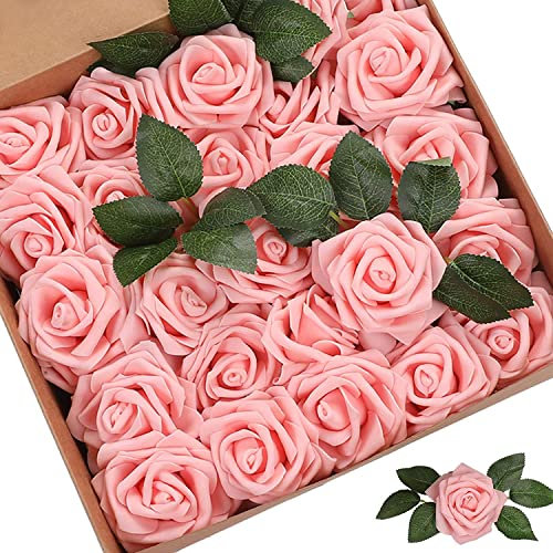 PIQIUQIU 25 Stück Künstliche Blumen Rosen Kunstblumen Rosenköpfe Gefälschte für Geburtstagsdeko, Hochzeitsdeko, Party Deko (Hellrosa)