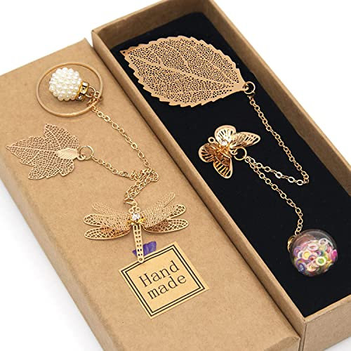 HEYMILA 2PCS Metall Blatt Lesezeichen mit 3D Schmetterling & Libelle, Geburtstag Geschenk Lesezeichen geeignet