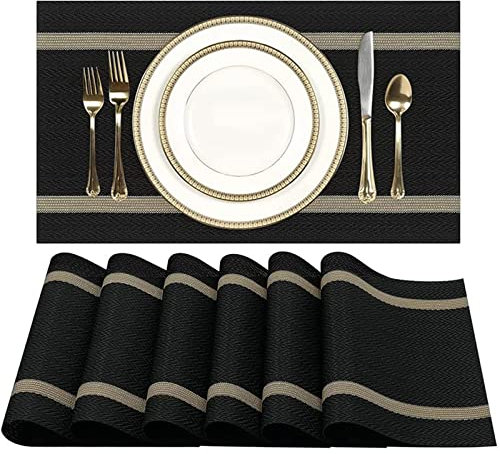 DDCHEN Tischsets, Tischsets 6er-Set, Vinyl-Tischsets für Esstisch, hitzebeständige rutschfeste, schmutzabweisende Küchentische, leicht zu reinigen (Schwarz)