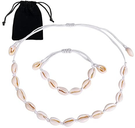Maggidea Shell Necklace Bracelet, Natural Shell Choker and Bracelet Set, 2Pcs Summer Beach Jewellery for Women, Girls and Men (White)