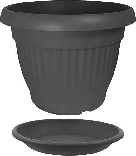 MePla - Blumentopf Pflanzkübel Campana Rippe ø70 cm + Untersetzer ø58 cm, Anthrazit, wetterfest aus UV-beständigem Kunststoff