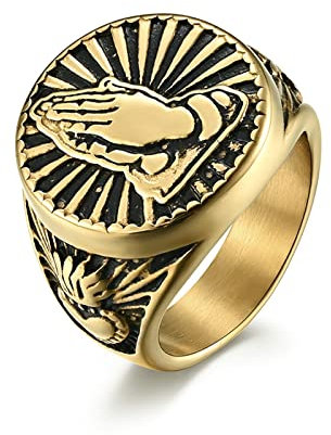 Dsnyu Herren Ringe, Gold Siegelring, Hand Gebets Ring Edelstahl für Hochzeit GR.67 (21.3)