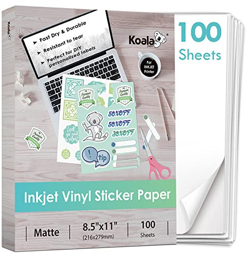 Koala Bedruckbares Vinyl-Aufkleberpapier für Tintenstrahldrucker – 100 Blatt Aufkleber-Druckerpapier, mattweiß, wasserdichtes Aufkleberpapier, 21,6 x 27,9 cm, funktioniert mit Schneidemaschine