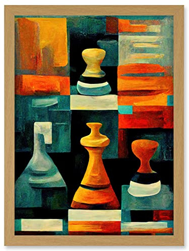 Doppelganger33 LTD Chess Board And Pieces Modern Abstract Oil Artwork Framed Wall Art Print A4
