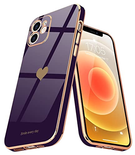 Teageo for iPhone 12 Case Cute Heart Pattern for Women Girls Slim Luxury Bling Plating Soft TPU Anti-Scratch Shockproof Bumper Phone Case for iPhone 12, Dark Purple