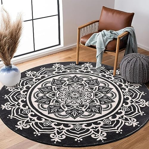 Carvapet Teppich Rund 120cm Weich und Flauschig Teppich Gegend Kreis rutschfest Waschbar Böhmisches Mandala Bodenteppich Wohnzimmer Schlafzimmer(Schwarz)